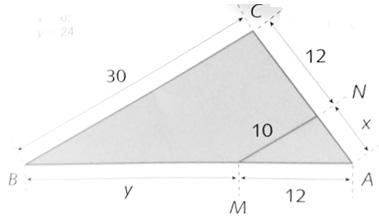 Se a área do triângulo menor é 10 cm², qual é a área do triângulo maior? 34. Aplicando o teorema fundamental da semelhança, determine x e y nas figuras, sendo MN // BC. 24.