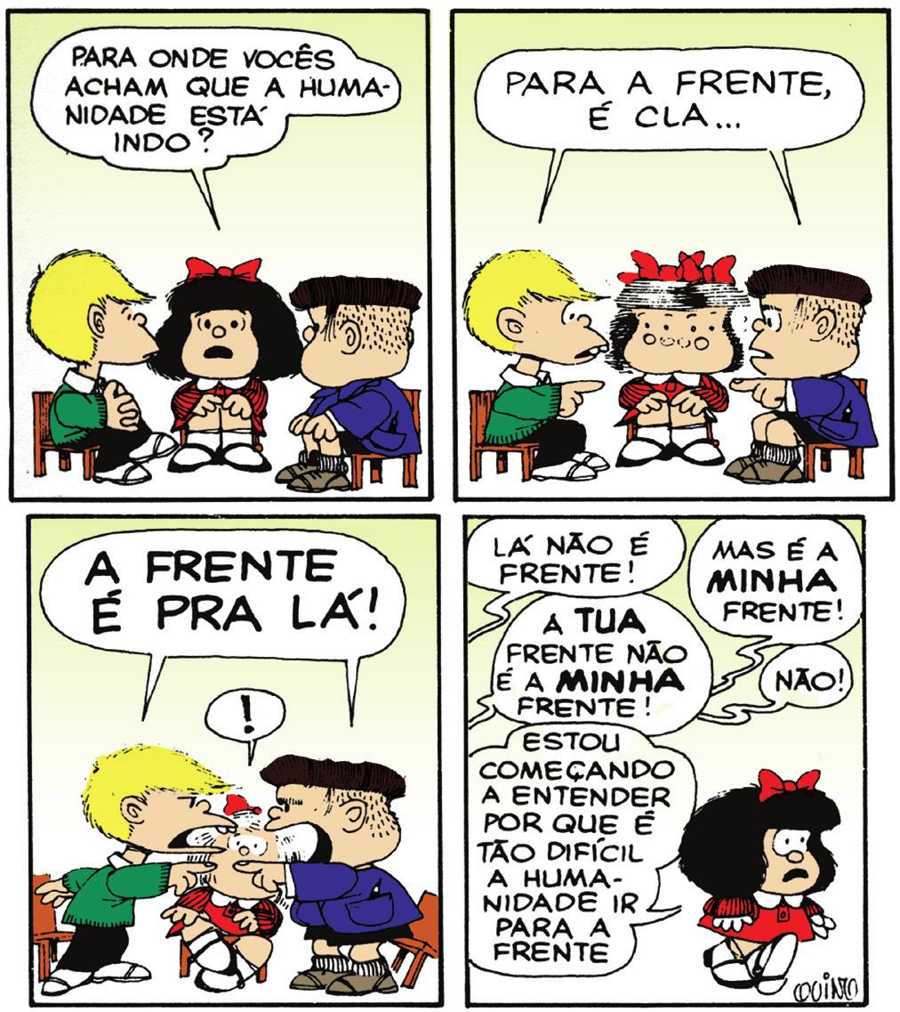 Dentre estas imagens, a que melhor caracteriza a crítica social contida no texto de Portinari é: a) b) A conversa entre Mafalda e seus amigos: a) revela a real dificuldade de entendimento entre