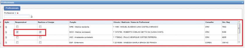 cirúrgica, o sistema alertará a identificação dos profissionais que não foram informado, para em seguida o usuário adicioná-los na tabela de registro de profissionais; 2.