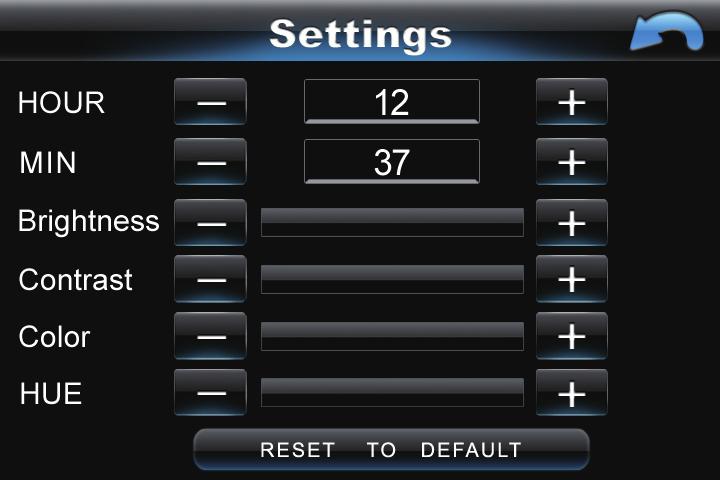 Ajustes de hora e imagem Os ajustes, cuja tela está acima, podem ser acessados durante o modo de reprodução rádio ou entrada auxiliar, além da interface principal, ao pressionar a tecla MENU. 1.