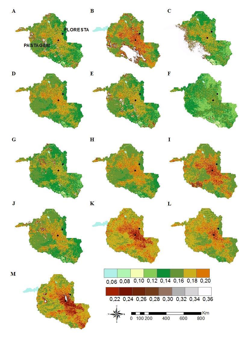 Revista Brasileira de Geografia Física v6, n5 (2013) 1023-1036 Figura 3: Albedo Liang obtido de produtos MODIS para os dias sequenciais do ano (DSA): 158 (A), 160