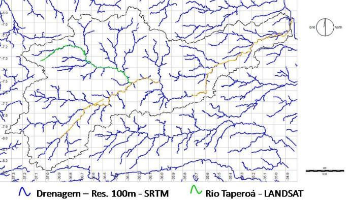 Redes de drenagem comparadas no baixo curso do rio (A), e alto curso do rio Paraíba (B).