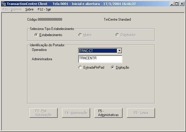 . Funções Administrativas TransactionCentre - Client.exe 3 4 Após acionamento do módulo Client é apresentada esta tela, que permite, entre outras funções, o acompanhamento do movimento da loja.