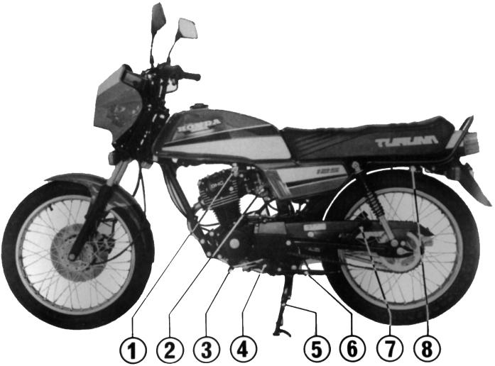 (1) Registro de combustível (2) Alavanca do afogador (3) Pedal de câmbio 10 (4) Pedal de apoio