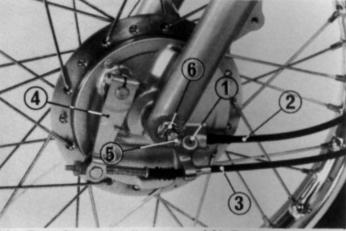 Remoção da roda dianteira: CG 125 1. Levante a roda dianteira do solo, colocando um suporte em baixo do motor. 2. Solte o parafuso de fixação (1) e remova o cabo do velocímetro (2). 3.