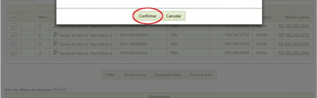 Sistema exibirá mensagem: Informe o tempo para encerramento de envio de lances dos itens selecionados (de 1 a