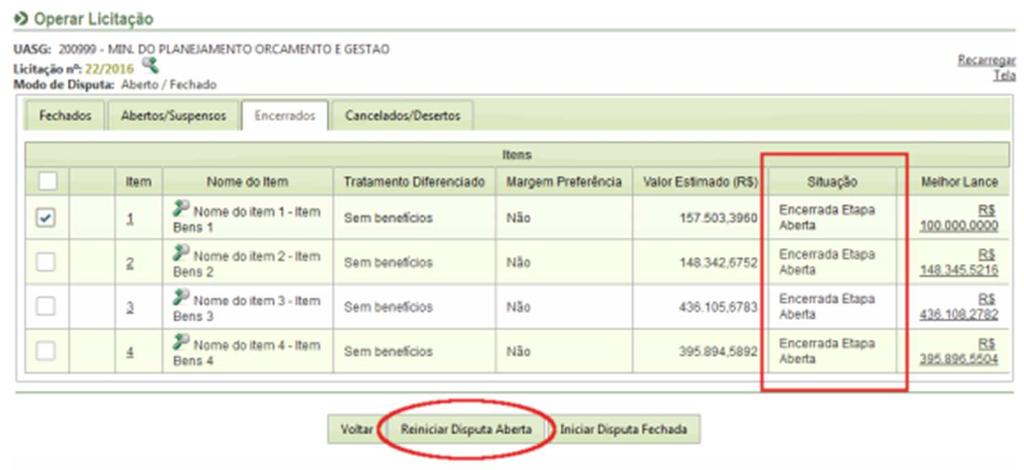 REINICIAR DISPUTA ABERTA O sistema retorna o item para a situação de Aberto e envia mensagem aos licitantes informando que o item foi reaberto
