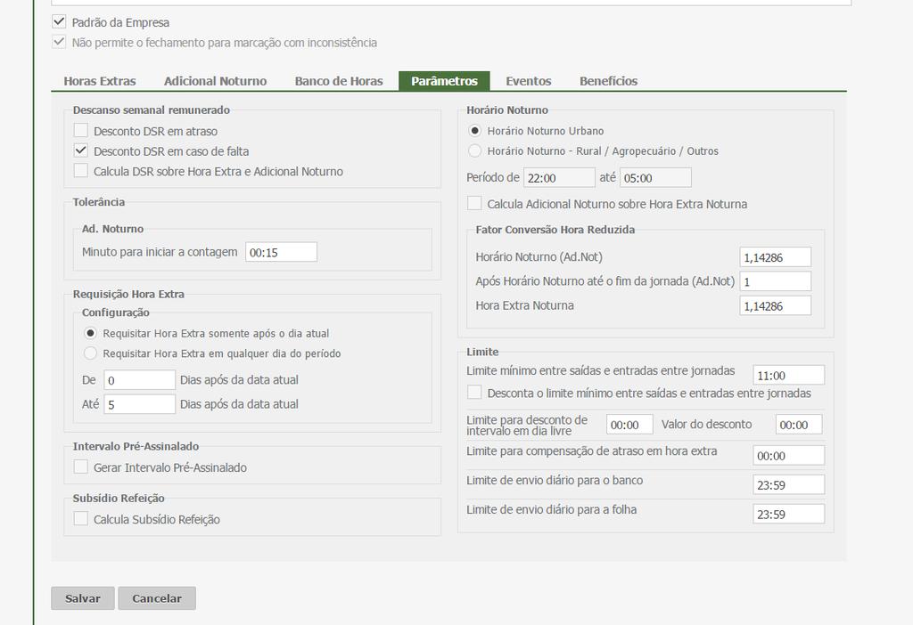 Parâmetros É o campo responsável por informar o DSR, e o limite de Envio para banco de Horas.