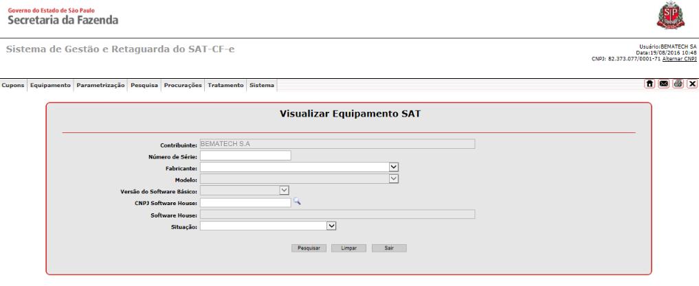 No formulário do SGRSAT, informe o número de série do SAT que deseja consultar e clique em Pesquisar.
