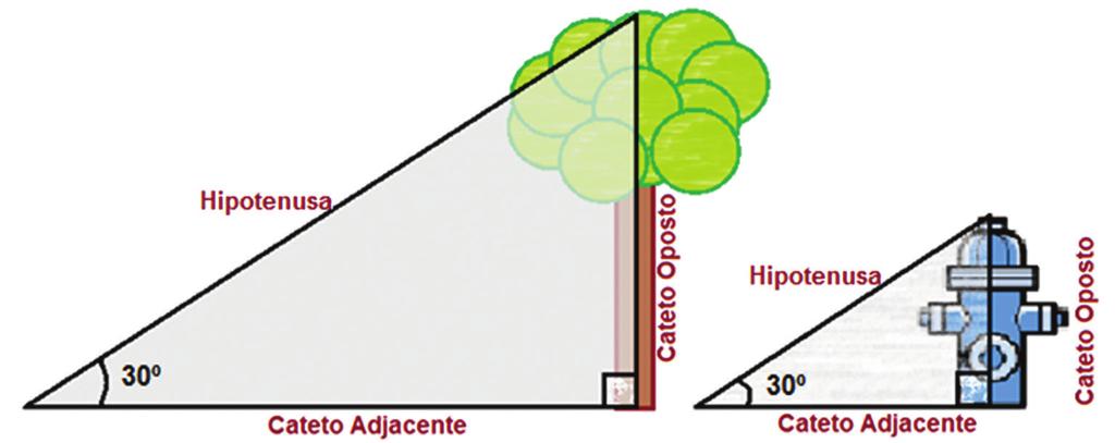 Figura 5: Representações de triângulos retângulos, seus catetos e a hipotenusa. Utilizamos nas duas figuras o ângulo de 30º, mas os nomes dos lados são usados em quaisquer triângulos retângulos.