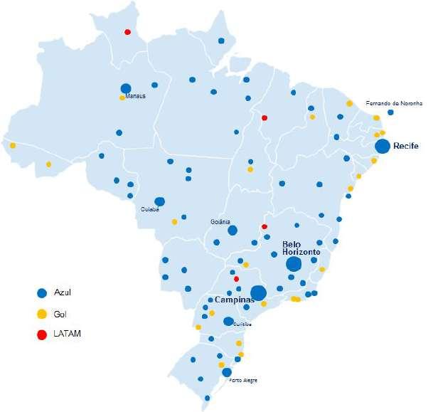 Liderança no Mercado Forte posicionamento no Brasil, com domínio de grande parte dos mercados Companhia Aérea Mais Relevante por Cidade (Março de 2018) Posicionamento em Termos de Rotas (Domésticas,