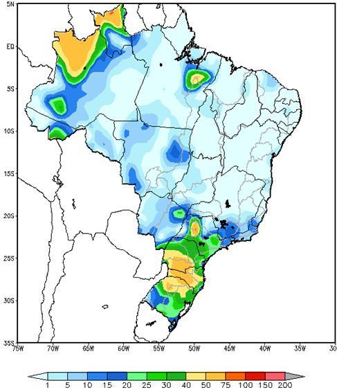 No final da semana, a passagem de outra frente pelas regiões Sul e Sudeste provocou chuva de fraca até moderada nas bacias dos rios Jacuí, Uruguai e Iguaçu e precipitação fraca nas bacias dos rios