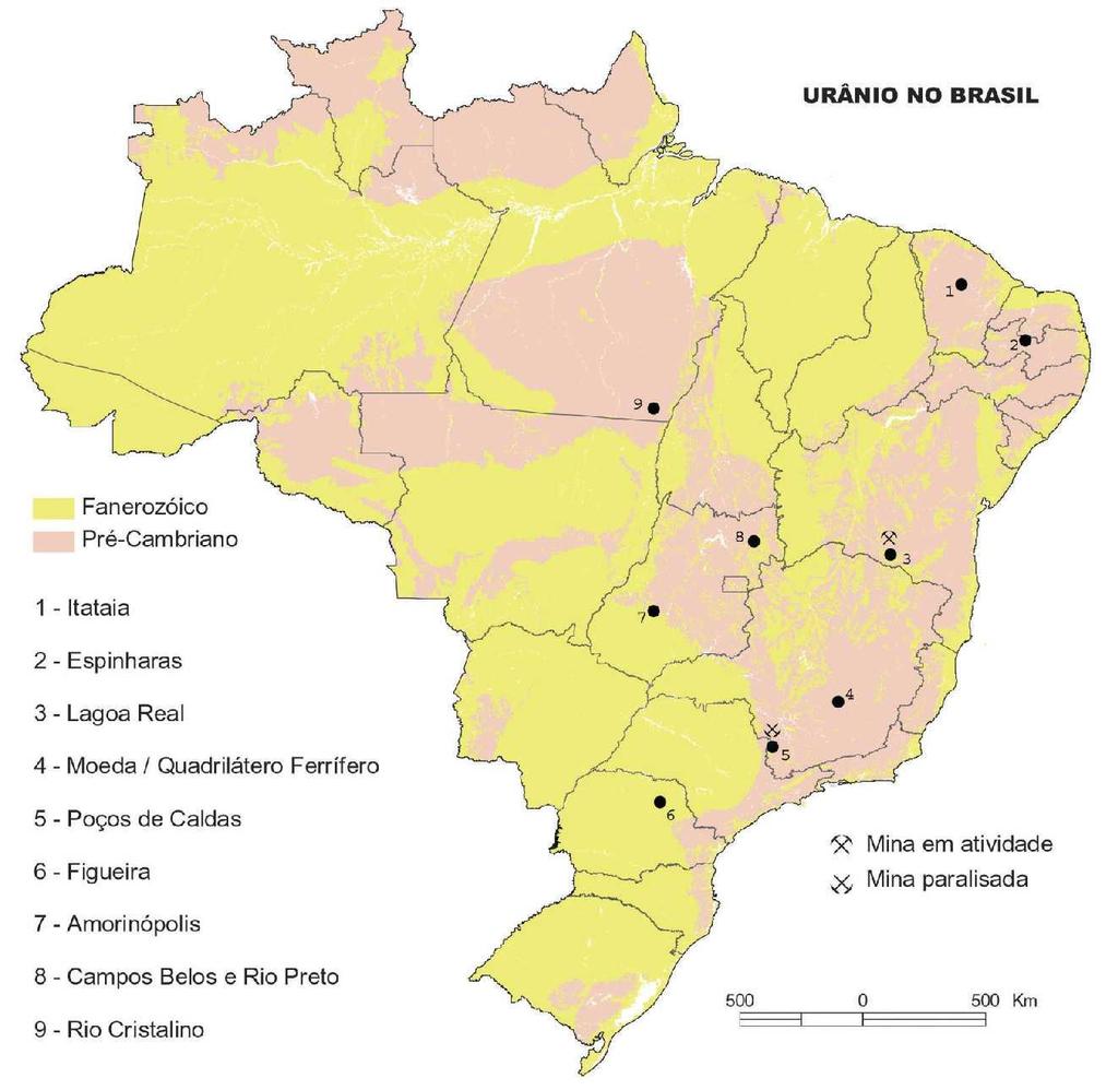 CAPÍTULO 3 METASSOMATISMO SÓDICO 18 FIGURA 2 - Principais ocorrências de urânio no Brasil (COMPANHIA DE PESQUISA DE RECURSOS MINERAIS CPRM, 2008).