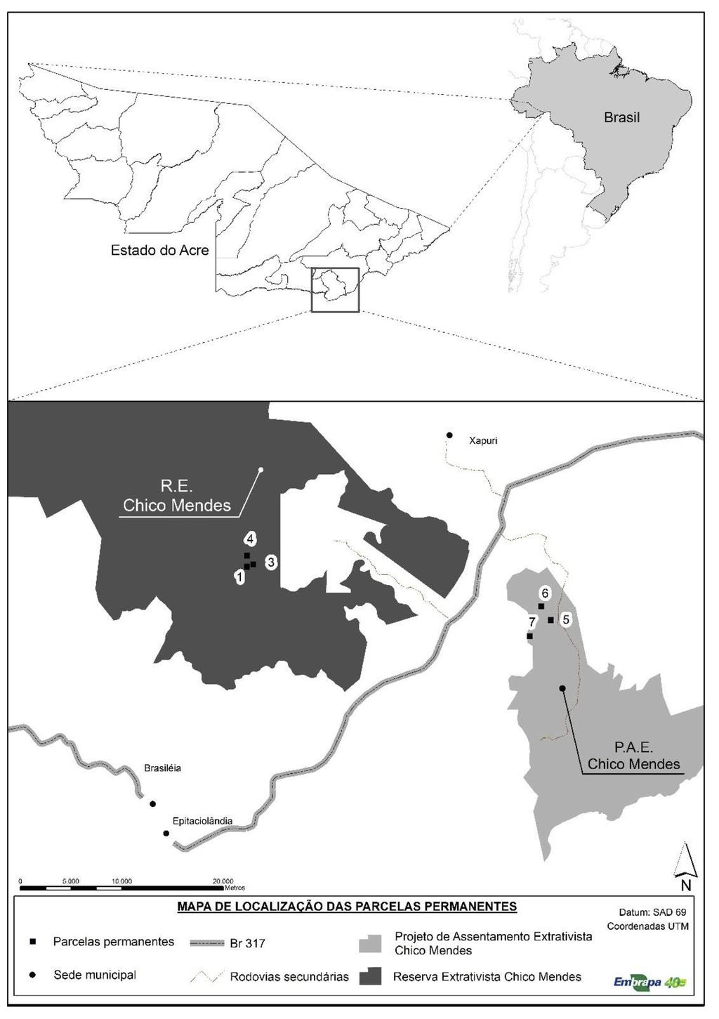 Figura 1. Localização das seis parcelas instaladas na regional do Alto Acre, Estado do Acre. (Fonte: Daniel de Almeida Papa, 2013).