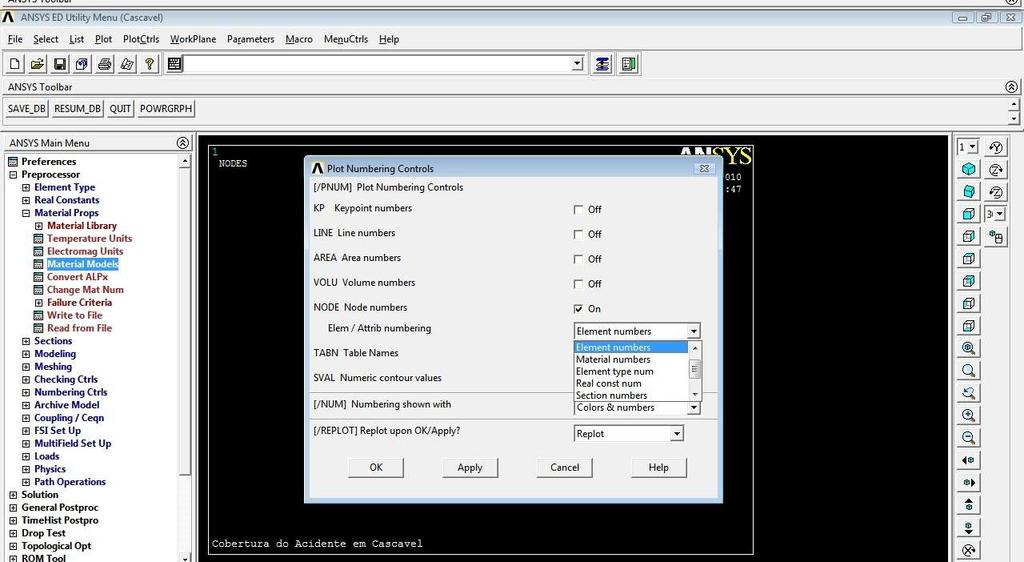 2.4.2. Cria os nós que compõe a malha de elementos finitos no sistema de coordenadas ativo: Dentro do Preprocessor selecionar Modeling, Create, Nodes, In Active CS ; Na nova janela que abrir, inserir