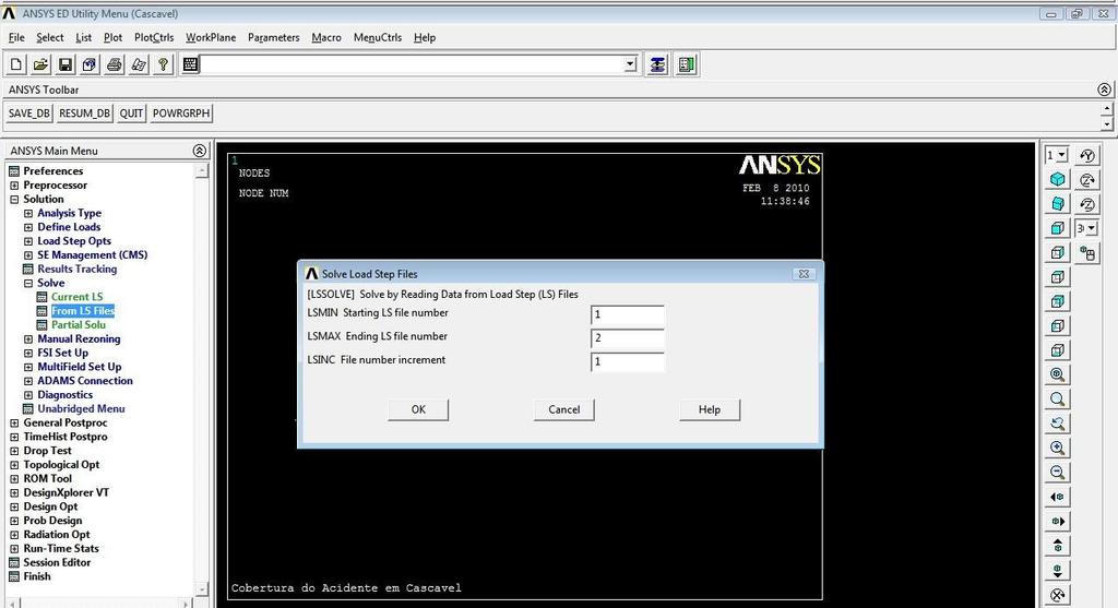 G 3. SOLUÇÃO No ANSYS Main Menu dentro do Solution clicar em Solve, From LS Files para resolver lendo os dados dos arquivos LS; Na janela Solve Load Step Files inserir: o LSMIN 1 o LSMAX 2 o LSINC 1