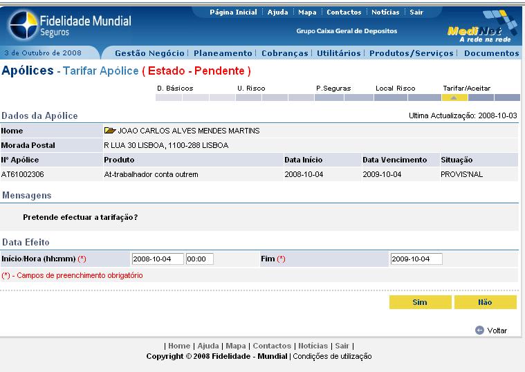 Ecrã de Tarifação, clicar em Sim.