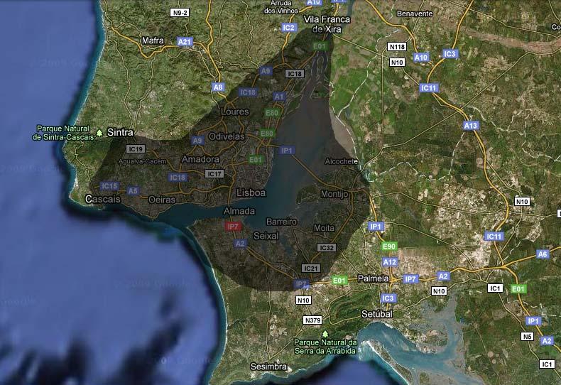 4. Caso de estudo: região da Grande Lisboa Grande Lisboa Área considerada "Grande Lisboa" (imagem adaptada de Google Maps)