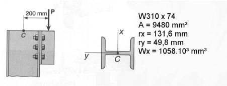 51 Exemplo 1.1 Determinar a maior carga P que pode ser suportada com segurança por um perfil de aço laminado W10x74, que forma uma coluna de 4,5 m de comprimento de flambagem.