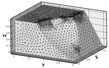 13 Representação tridimensional das superfícies de ruptura e da malha de elementos finitos produzida pelo programa FlexPDE, a partir da figura 6.12a. (a) Geometria de Leshchinsky et al.
