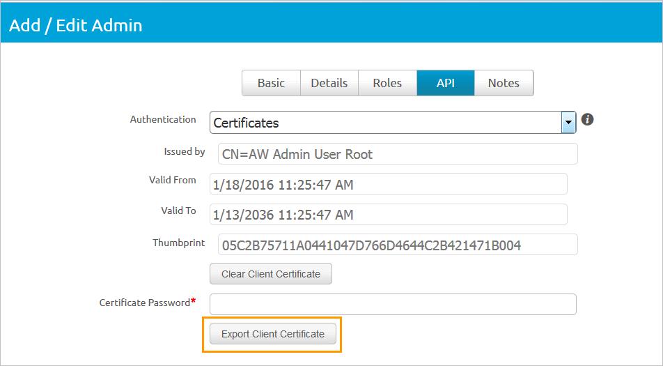 8 Na página Visualização da lista, selecione o administrador que você criou e abra novamente a guia API. A página de certificados exibe informações sobre o certificado.