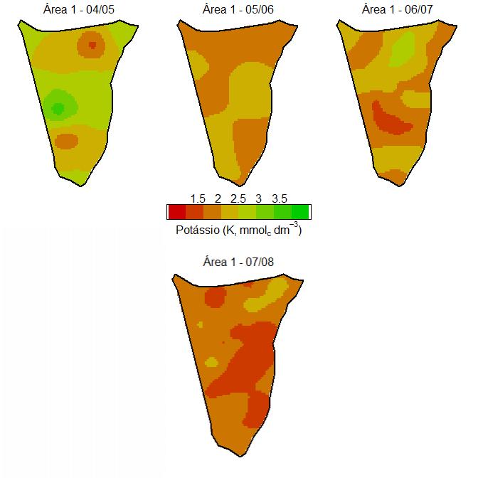 46 Figura 8 Mapas interpolados dos teores potássio no solo do tratamento Dose Variável para todas as áreas experimentais Nestes mapas é