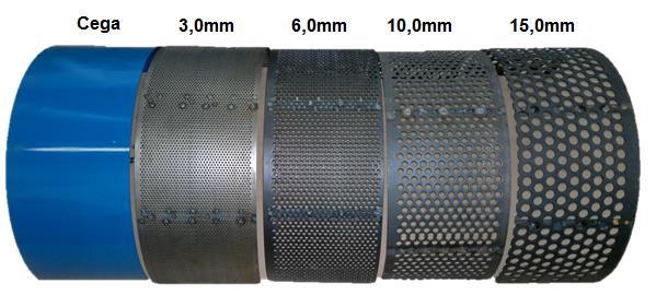 Os Desintegradores Mesel possuem cinco tipos de peneiras, sendo que de fábrica o equipamento sai com quatro tipos de peneiras, sendo estas a cega, furação 3,0mm, 6,0mm e 10,0mm, a peneira com furação