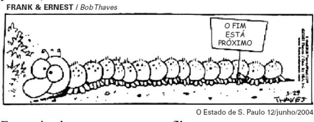 b) CLASSIFIQUE cada animal de acordo com a presença de cabeça, tórax e abdome ou cefalotórax e abdome QUESTÃO 09: Na tira de quadrinhos, está representado, de forma estilizada, um miriápode (portador