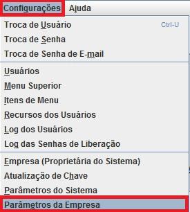 1.4) Acesse ao Menu Configurações Parâmetros da Empresa A