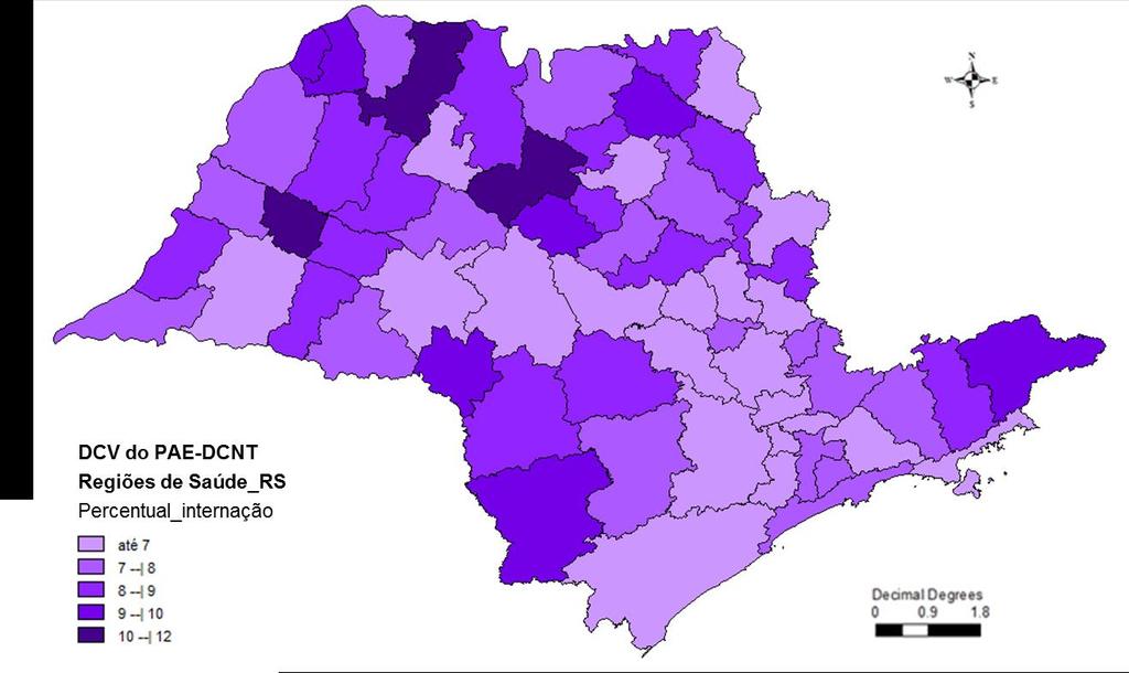 Mapa 4 Hospitalização percentual por doenças cardiovasculares selecionadas (doenças coronarianas, cerebrovasculares e hipertensivas) nas diferentes Regiões de Saúde do estado de São