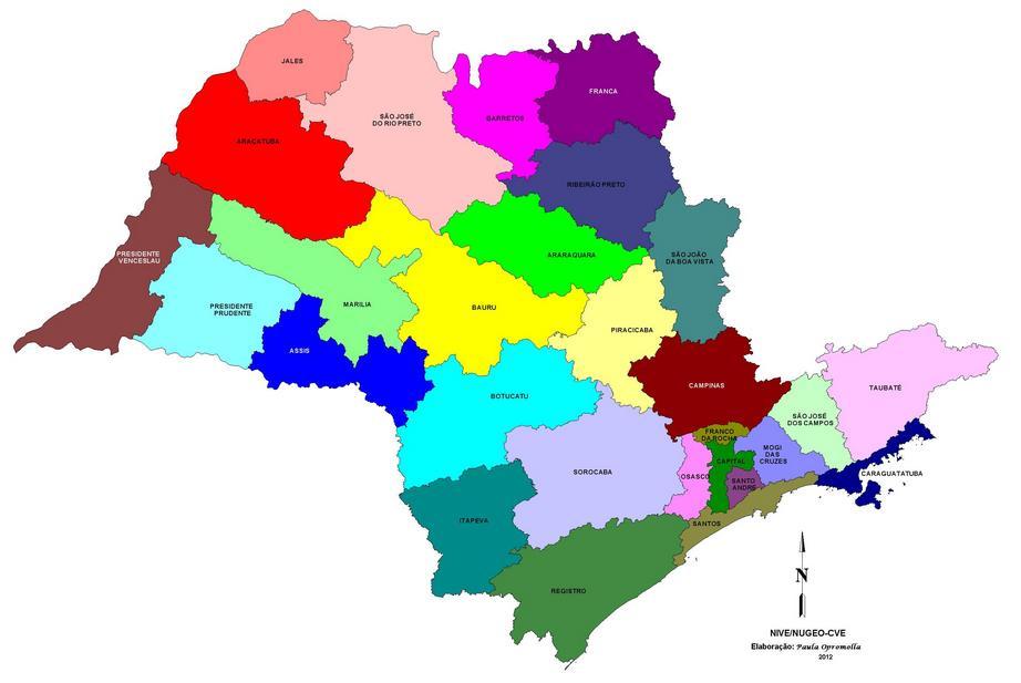 Mapa 1 Distribuição territorial dos Grupos de Vigilância Epidemiológica (GVE) do estado de São Paulo.