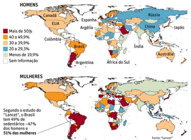 Mapa do sedentarismo mundial % de