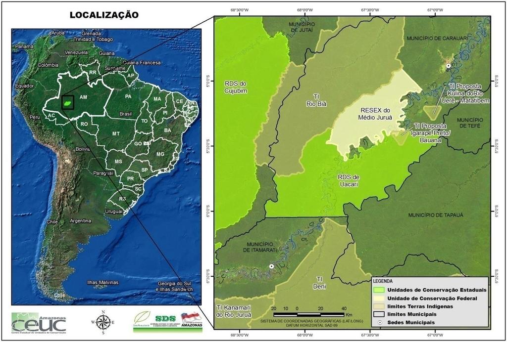 Figura 1. Mapa de localização da Reserva de Desenvolvimento Sustentável de Uacari na América do Sul e seu contexto regional, médio Juruá. Fonte: Plano de Gestão da RDS Uacari. 3.2.