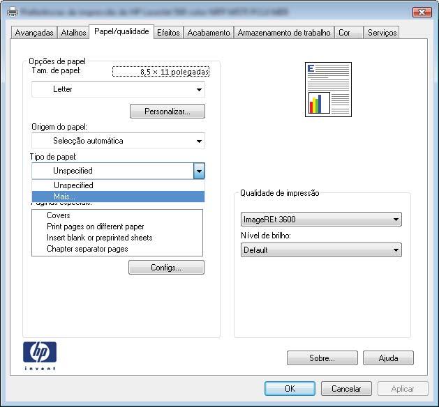 Selecionar o tipo de papel (Windows) NOTA: Seu driver de impressão pode ter aparência diferente da exibida aqui, mas as etapas são as mesmas. 1. No programa de software, selecione a opção Imprimir. 2.