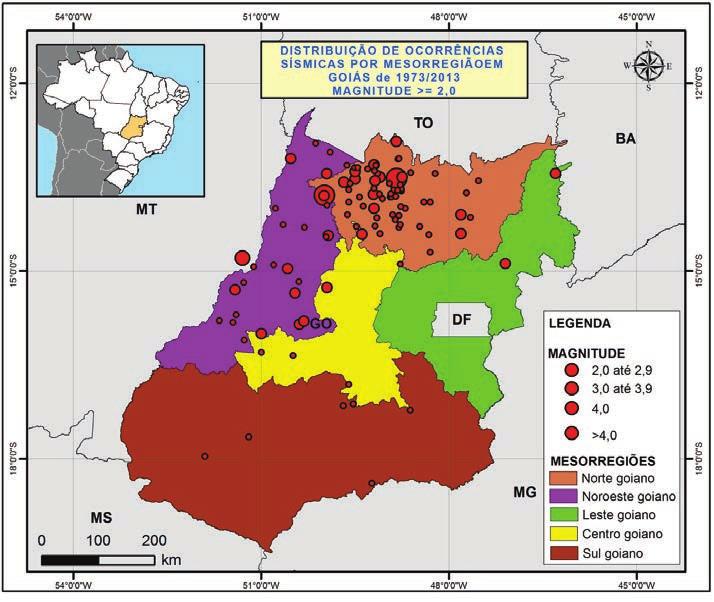 Figura 4 - Mapa da magnitude de ocorrências sísmicas nas mesorregiões do estado de Goiás Da derivação das informações contidas na Figura 4, interpreta-se que as regiões leste, central e sul do estado