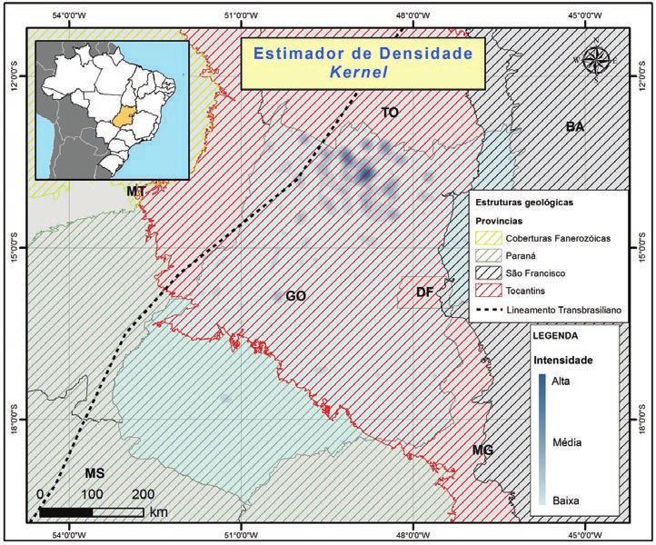 Figura 5 - Mapa de densidade sísmica do estado de Goiás Dentro da caracterização do contexto geológico presente, as ocorrências destes sismos estão representadas em toda a província Tocantins (Figura