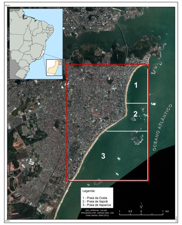 Figura 1 - Município de Vila Velha. A área em vermelho delimita as praias do presente estudo Segundo Martin et al.