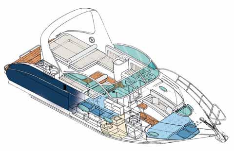 Isso dá segurança e ainda garante excepcional estabilidade ao conjunto Como ela é A distribuição do cockpit em três ambientes é um dos pontos fortes desta lancha.