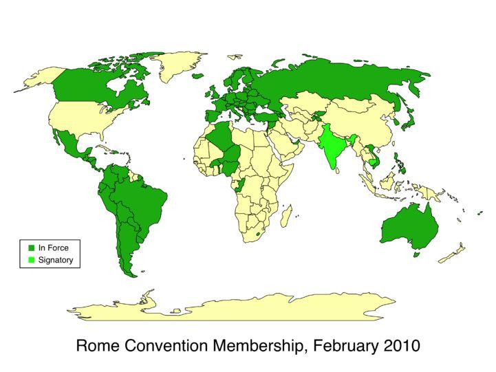 Países signatários da Convenção de Roma (em verde) Convenção de Roma 1961 92 países 2015 (http://www.wipo.int/treaties/en/showresults.jsp?lang=en&treaty_id=17) Obs.