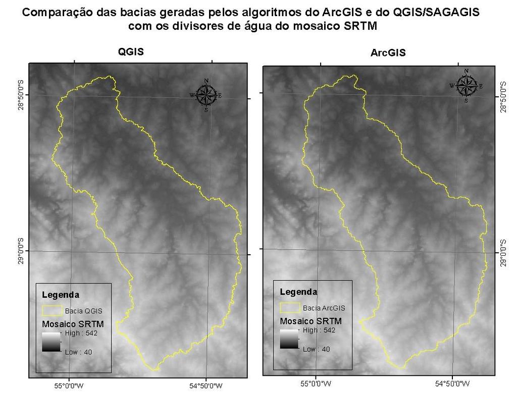 É possível notar que a bacia gerada pelos algoritmos coincide perfeitamente sobre os divisores topográficos, ou seja, as áreas mais altas (claras) no entorno dos divisores de água.