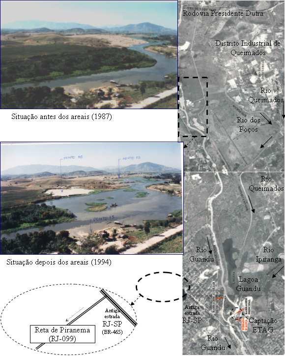 A Foto 5 mostra um corte acentuado da margem esquerda (montante para jusante) do rio Guandu, realizado no período entre 1987 (foto montada baseada em planta da FUNDREM) e 1994, com o emprego