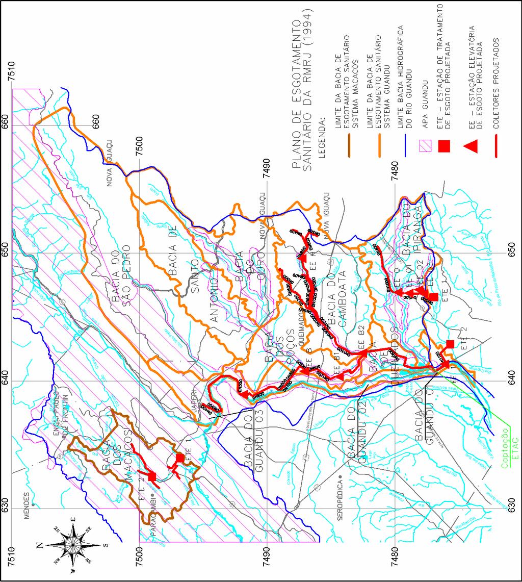 As bacias de saneamento e os sistemas de esgotamento sanitário propostos, pertinentes ao estudo da bacia hidrográfica do rio Guandu, estão presentes na Figura 14.