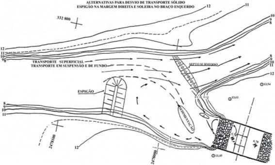 Figura 17 Opção 03, a escolhida para desvio de pedras secas (OTTONI, 2002) O estudo do projeto executivo de pedras secas concluiu que a opção 03 apresentaria as vantagens a seguir: Melhoria