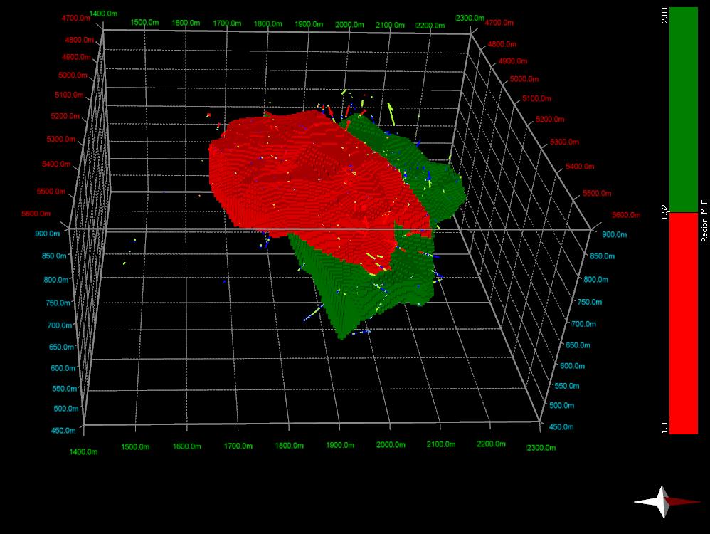 CAPÍTULO 4 Figura 4.13 Representação da morfologia dos corpos geológicos sobre o modelo de blocos, com a região I (maciço) a vermelho e a região II (fissural) a verde, e sobreposição das sondagens.