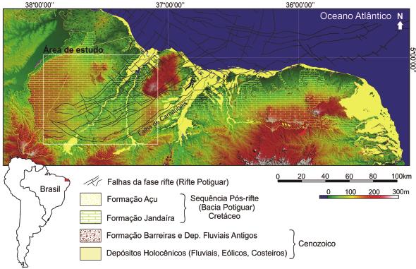 A IMPORTÂNCIA DO CONTROLE TECTÔNICO PARA A FORMAÇÃO DA PAISAGEM CÁRSTICA NA BACIA POTIGUAR, NORDESTE DO BRASIL Figura 1 Mapa da Bacia Potiguar (Unidades cretáceas e cenozoicas sobre SRTM).