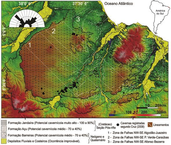 Maia, R. P. et al Figura 2 Mapa Geológico sobre Relevo e potencial de ocorrência de cavernas da parte central da Bacia Potiguar. Tracejados brancos representam as Zonas de Falhas NW-SE.