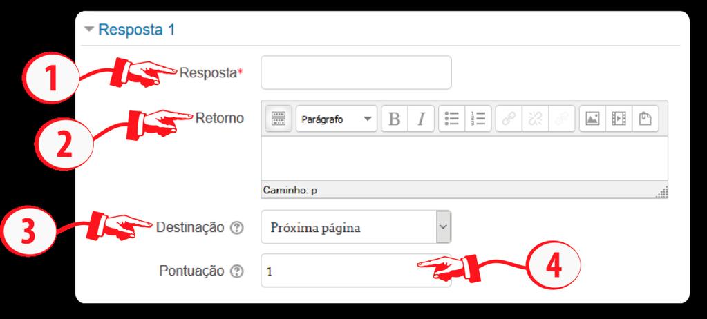 Resposta (1): define o valor da resposta da questão; Retorno (2): estabelece o retorno (feedback) que o aluno terá se a sua resposta coincidir com essa opção de resposta; Destinação (3): seleciona o