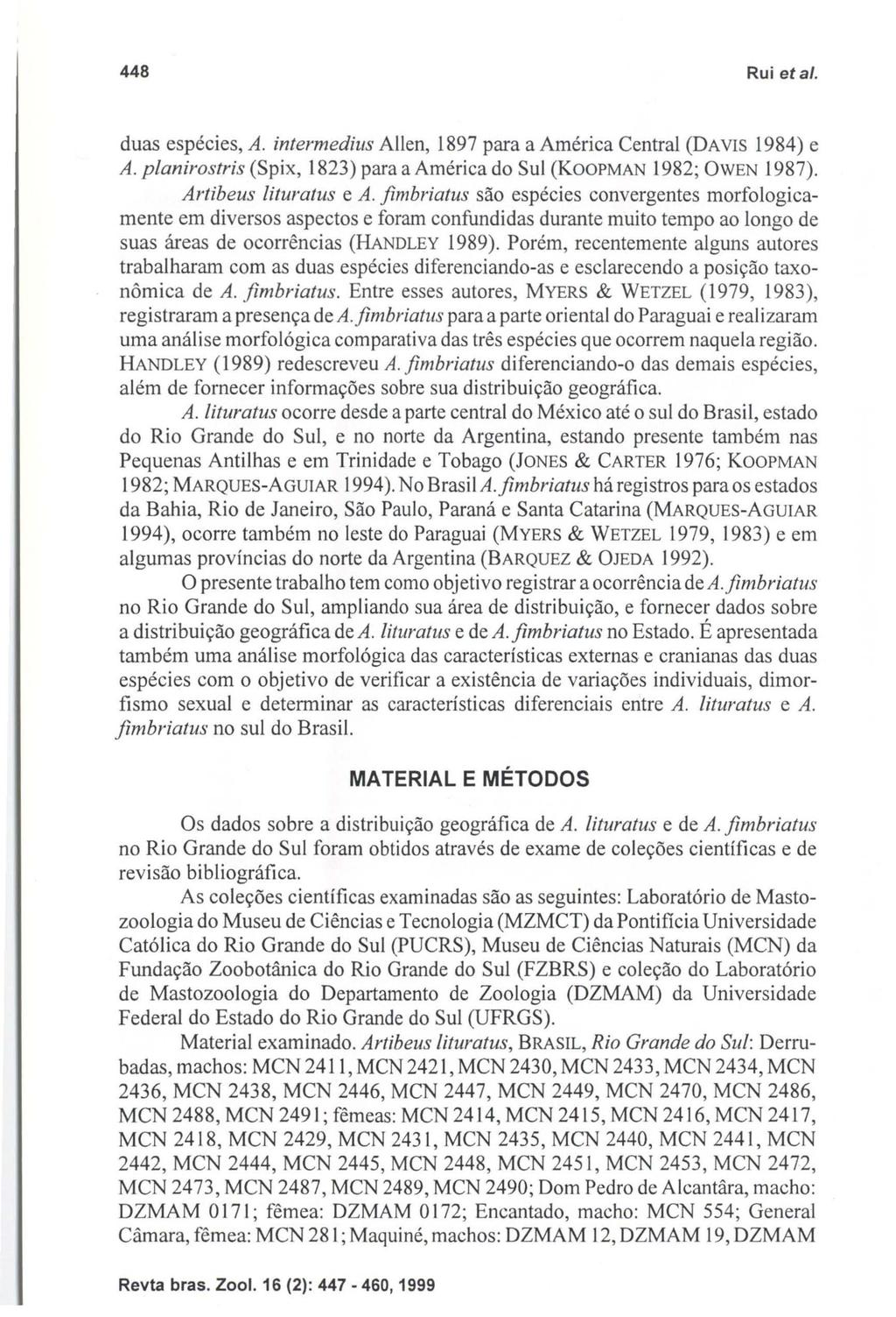 448 Rui eta/o duas espécies, A. intermedius Allen, 1897 para a América Central (DAVIS 1984) e A. planirostris (Spix, 1823) para a América do Sul (KOOPMAN 1982; OWEN 1987). Artibeus lituratus e A.