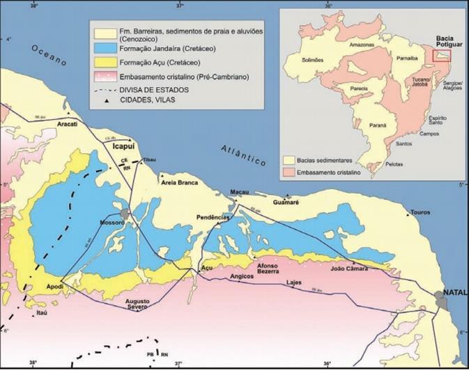 Figura 1. Mapa geológico simplificado da bacia potiguar. Fonte: (FARIAS et al, 1990).