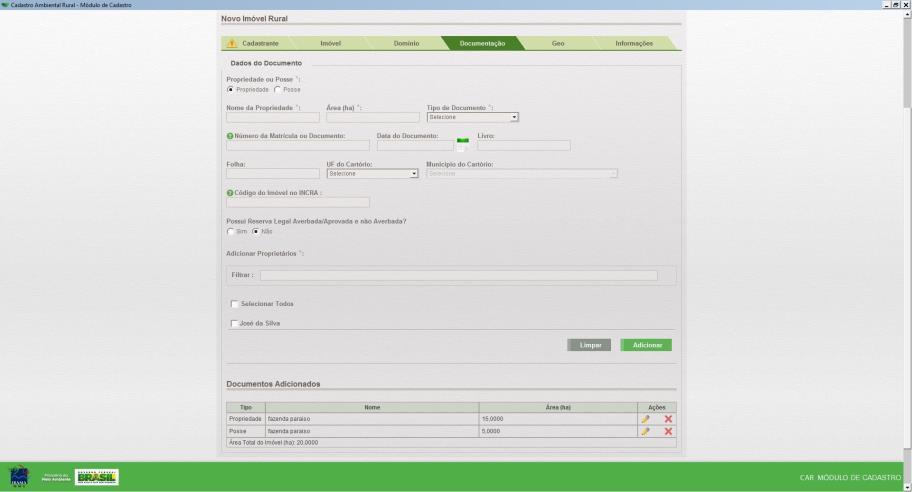 FIGURA 25 Cadastrar Imóvel Rural Documentação i. Geo Na tela do GEO (Figura 26), o cadastrante irá delimitar o imóvel e suas características.